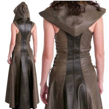 Sieviešu Drēbes, Ādas Tērpu Bez Piedurknēm, V Veida Kakla Cepuri Frenulum Augsta Vidukļa Apģērbi