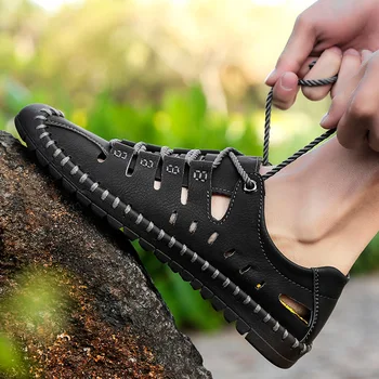 Loecktty 2019 Jauno vasaras Vīriešu ādas sandales biznesa gadījuma kurpes sandales Romas vīriešu vasaras ūdens kurpes Plus lieluma 48