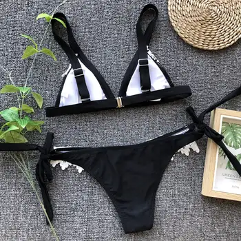 JAUNS Melnais Pludmali, Valkāt Izgriezt Mežģīņu Bikini Komplekts Biquini Sexy Thong Peldmēteļi, 2 Gab Peldkostīmi Sieviešu Push Up Pārsējs peldkostīms 2019