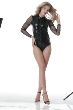 Tīrtoņa Krāsu Dāmas Bodysuit Eiropas Un Amerikas Ādas Sexy Dobi garām piedurknēm Spīdīga Lakādas Acs Bodysuit Dzimums