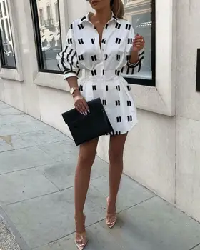 Modes Sievietes Biroja Lady Mini Kleitu Elegants ar garām Piedurknēm-Line Augstas Wasit Tunika OLA Krekls, Kleita Dāmas Puse Kluba Streetwear