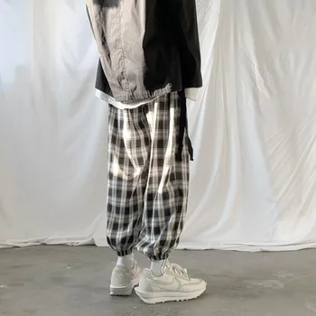 Rudens korejas Pleds Bikses Vīriešu Modes Retro Aukliņu Gadījuma Bikses Vīriešu Streetwear Zaudēt Hip Hop Taisnas Bikses Vīriešu Bikses