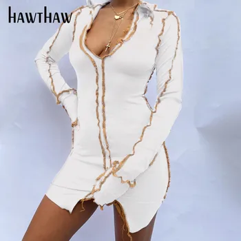 Hawthaw Sieviešu Modes Garām Piedurknēm Rudens V Kakla Raibs Bodycon Izdilis Mini Pakete Hip Īsu Kleitu Sexy 2021. Gada Rudenī Drēbes