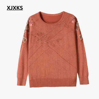XJXKS 2018. gada rudenī un ziemā, jaunu high-end auduma izšūšana sieviešu plānie džemperi, puloveru, zaudēt lielu izmēru gadījuma sievietēm, topi