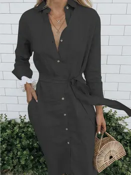 Plus izmēra 5xl zaļa/melna lina kleita Sievietēm vērtnēm ar garām piedurknēm pogas uz augšu garš krekls, kleita 2020. gadam drēbes chemise femme