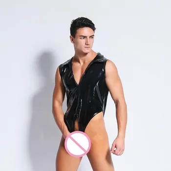 Erotiskā Lateksa Vīriešu Bodysuit Māšele Bikses Openable Lakādas Fetišs Zeķubikses Crotchless Porno Tērpi BDSM Verdzība Geju Seksu