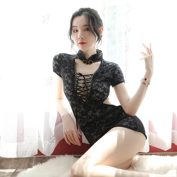 Retro Sexy Apakšveļa Sandales Svārki Cheongsam Nightdress Vienotu Ķīnas Mežģīnes Pidžamas Dāmām Backless Klasiskā sieviešu Puse Kleita