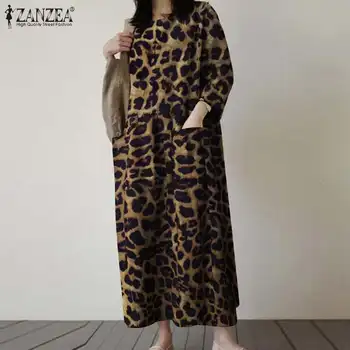 Ir 2021. Rudens garām Piedurknēm Sundress ZANZEA Sievietes Puses Sen Maxi Kleita Gadījuma Leopards Izdrukāt Vestidos Sieviešu Drēbes Plus Izmēra 5XL