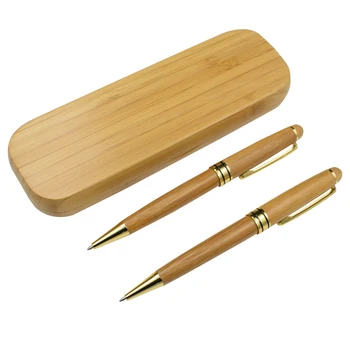 Viens Komplekts Retro Bambusa Lodīšu Pildspalva Ar Korpusu, Kas No Dabas Bambusa Materiāla, Lodīšu Pildspalvas Un Uzglabāšanas Kaste Rakstot Materiāliem, Dāvanu