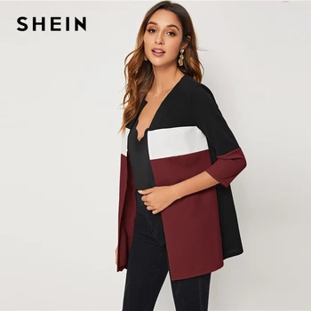 SHEIN Colorblock Apaļu Kakla griezt Un Šūt Atvērt Priekšējo Pamata Mētelis Sievietēm 2019 Rudens 3/4 Garuma Piedurknes Dāmas Gadījuma Outwear Mēteļi