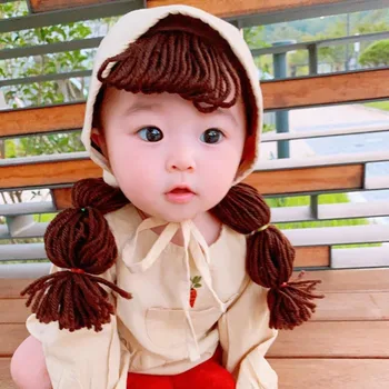 2gab/Set IN Baby Girl Parūkas Princese Cepure Adīta Silta Cepurīte Ar Bizītes Bērnu Modes Pītā Cepure Galvu Un Cepuri Komplekts Dāvana