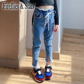 Pavasara Rudens meiteņu džinsi bērnu džinsa bikses bērnu bikses bērnu dibeni modes streetwear krusta cilpu ripped slīdēšanas 3 līdz 12 g