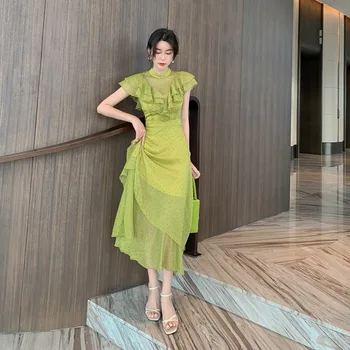 2020. Gada Vasaras Šifona Kleita Sievietēm Stāvēt Ruffles Zaļā Midi Polka Dot Kleita Dāmas Gadījuma Zaļā Kleita Eleganta Sieviete Drēbes, Longue