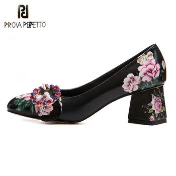 Prova Perfetto Modes Rhinestone Flower Augstpapēžu Kurpes Sievieti Kvadrātveida Kājām Nekustamā Ādas Zapatos Mujer Tacon Sievietes Puses Apavi