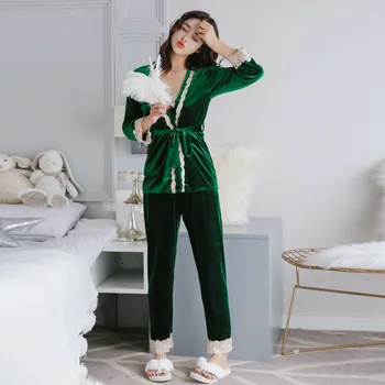 Ziemas Samta Sieviešu Sleepwear ar Pilnas Bikses Pidžamas Mežģīnes Miega Komplekti, Atpūtas Dāmas Sexy Naktskrekls Mājas Apģērbu 3pcs Meitenes Tērps