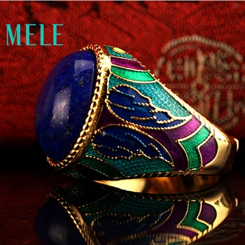 Dabas Lapis lazuli 925 silver,Gold-plated gredzeni,Ovālas sagriezti 13mmX18mm, seno laiku stilā, labas kvalitātes Uguns kreka liels gredzens