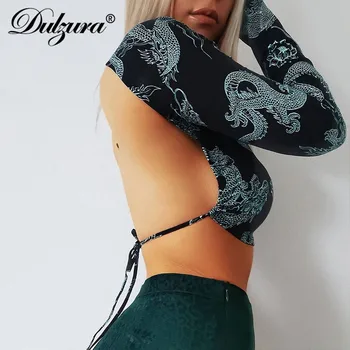 Dulzura pūķis drukāt sieviešu kultūru tops ar garām piedurknēm backless pārsējs bodycon sexy streetwear 2020. gada vasaras drēbes puse kluba gotikas