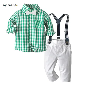 Top un Top Jaunas Modes Bērni Zēniem Ikdienas Drēbes Kokvilnas Bowtie Pleds Krekls ar garām Piedurknēm Topi+Zeķu Bikses Džentlmenis Tērpiem