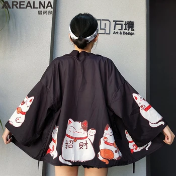 Kimono Mujer 2020. Gadam Japānas Stila Yukata Haori Anime Kimono Hombre Homme Sievietēm, Japāņu, Korejiešu Jaciņa Plānas Laimīgs Kaķis Pludmales Tērpā