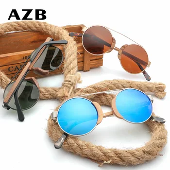 AZB Kārta Bambusa Polarizētās Saulesbrilles Steampunk Saules Brilles par Vīriešiem un Sievietēm, Koka UV Aizsardzība Sunglass