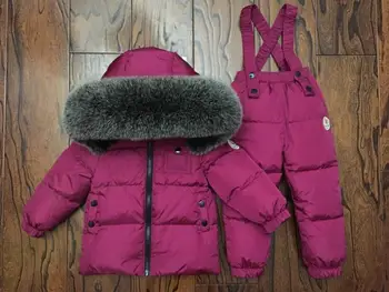 Krievijas Ziemas Leju Tērps Meitenēm Siltās Bērnu Ziemas Kostīmi Zēniem Pīļu dūnu Jaka+(dungriņi) 2 Gab Apģērba Komplekts Bērniem Sniega Valkā
