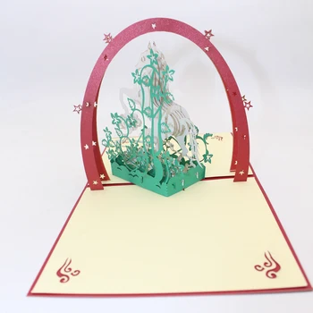 3D Roku darbs Sarkanu Vāku Lecot Balta Zirga Papīra Ielūguma, Apsveikuma Kartes, Pastkartes Uzņēmējdarbības Bērnu Diena Dzimšanas dienas Dāvana