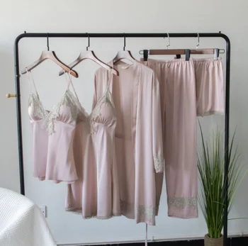 2019 Sieviešu Pidžamas Komplekti, Satīna Sleepwear 5 Gabali Pidžamas Sexy Mežģīņu Miega Atpūtas Telpa Bez Piedurknēm Pijama Zīda Naktsveļu Krūšu Spilventiņi
