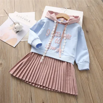 Modes garām piedurknēm Vēstuli kapuci kroku Kleita Meitenēm 2019 bērnu sporta Krekls Kleita Pavasara korejiešu stilā, bērnu apģērbi par 2-6Y