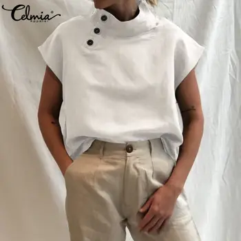 Vasaras Sieviešu Krekls Celmia Ir 2021. Modes Plus Lieluma Blūze Ar Īsām Piedurknēm Pogas Cietā Lina Tunika Topi Gadījuma Zaudēt Blusas Femme 7