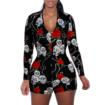 Sexy Sievietes, V-Veida Kakla Galvaskausa Panda Drukāt Pidžamas Romper Bodycon Sleepwear Jumpsuit Pogu, Šorti Romper Garām Piedurknēm Bodysuit Plus Lieluma