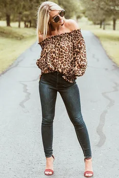 Sieviešu Leopards Drukāt Garām Piedurknēm Pie Pleca Blūzes Sieviete Puse Kluba Blūze Sievietes Vasaras Ikdienas Topi, Sieviešu Apģērbu Karstā Pārdošanas