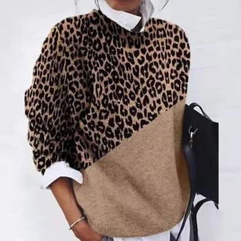 Sieviešu Džemperis Rudenī Jaunu Stilu Pieneņu Leopard Raksts Izšūšanas Ikdienas Džemperis Ar Garām Piedurknēm Adīts Apaļu Kakla Džemperis Sievietēm