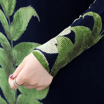 YISU Taisna kleita 2019 Rudens Ziemas Slash apkakli, garām Piedurknēm Džemperis Kleita Sievietēm Zaļo lapu raksts Iespiests adīt kleita