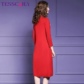 TESSCARA Sieviešu Rudens Eleganti Izšuvumi Kleita Sieviešu Biroja Vestidos Dizaineru, Vintage Ķīniešu Stilā Puse Drēbes Femme Plus Lieluma