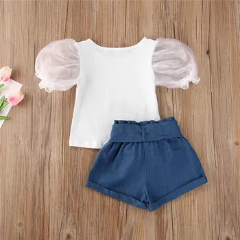 Baby Toddler Meiteņu Kokvilnas Apģērbu Komplekts 2gab Apģērbs Vasaras Brīvdienu Puff Piedurknēm T-Krekls Topi+Šorti Jaundzimušo Vasaras Apģērbu Komplekti