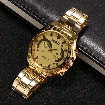 Zelta Modes Luksusa Vīriešu Zīmols M&H, Kvarca Rokas pulksteņi Vīriešu Augstas Kvalitātes Tērauda Vīriešu Kleita Pulksteņi reloj hombre relogio masculino