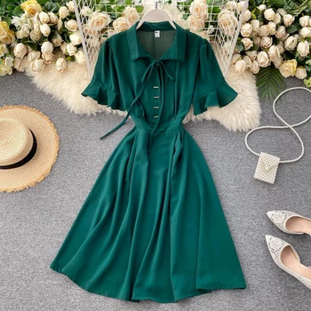 2020. gada Vasaras Modes Sieviešu Kleita Izlīdzināšanu piedurknēm ar Mežģīņu augšu, Turndown apkakles pusgarās Kleita Cietā Augsta vidukļa Gadījuma Elegants Vestidos