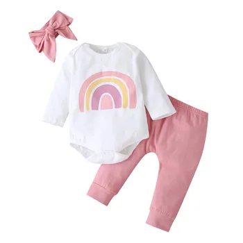 3Colors Gudrs Pavasara Rudens Bērnu Apģērbu Komplekti Jaundzimušo Bērnu Zēnu un Meiteņu Kokvilnas Varavīksnes Drukas Kombinezonus+Bikses+Galvas Zīdaiņu Apģērbu