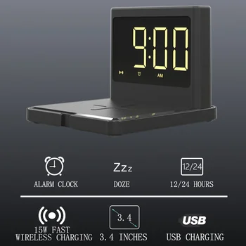 LCD 15W Modinātājs Ātru Bezvadu Lādētāja Lādēšanas Paliktņa Kalendārs Pulkstenis Termometrs cargador inalambrico Par iPhone AirPods