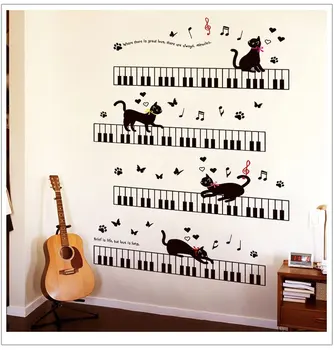 Kaķis Klavieru mūzika sienas uzlīmes bērnu istabas, guļamistabas mākslas Fona PVC ligzda socle tauriņš sienu apdare