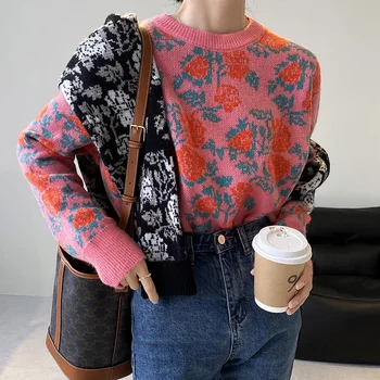 2020 Jaunu Vintage Stila Slinks Vēja Angoras Trušu Kažokādas Džemperis Sievietēm Retro Ziedi O Kakla Polsterēta Džemperi, Topi Modes Sieviešu