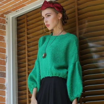 Modes Sieviešu Mohēra Kultūru Džemperis Adītas Īss Džemperis Sievietēm Zaudēt Zaļš Džemperis Salds Pull Femme Puff Piedurknēm A190