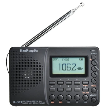 HanRongDa K-603 Pilna Diapazona Radio, Bluetooth, FM AM SW Portatīvo Kabatas Radio, MP3 Digitālās REC Diktofons Atbalsta Micro-SD atmiņas Karte