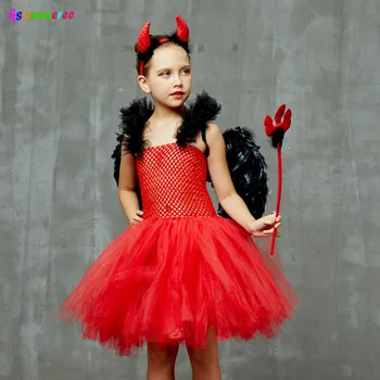 Nelabs Red Devil Meitenes Tutu Kleitu Bērniem Halloween Cosplay Karnevāla Kostīms Puse Roku Darbs Tilla Bērniem Iedomātā Sātana Dēmonu Kleita