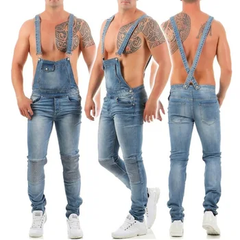 Ripped Džinsi Jumpsuit Vīriešu Rudens Vasaras Džinsa Slim Fit Kombinezonus Modes Vīriešu Bikses Zilā Mazgā Ar Lencēm Tērpiem Drēbes Ir 2021. Jaunas