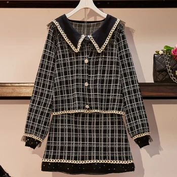 Augstas Kvalitātes 2020 Rudens Ziemas Korejas Vintage Pleds 2 Gabals, Kas Sieviešu Trikotāžas Džemperis Jaka + Mini Svārki Divas Gabals Tērpiem