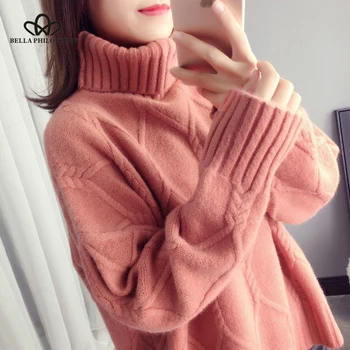 Bella filozofija cietā sieviešu silts džemperis dāmas gadījuma augstu uzrullētu apkakli adīts sieviešu džemperis ar garām piedurknēm džemperis