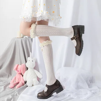 Japānas Lolita Mežģīņu Zeķes Sievietēm Salds Kowknot Augstas Ceļgalu Zeķes Femme Elastīgās Pusgarās Zeķes Kāju Zeķbikses Ganāmpulka Streetwear