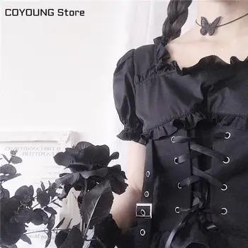 COYOUNG Veikalā Cosplay Black Gothic Lolita Kleita Japāņu Meitene Vintage Punk Stila Puff Piedurknēm Pārsējs Mini Kleita Sieviešu Kleitas