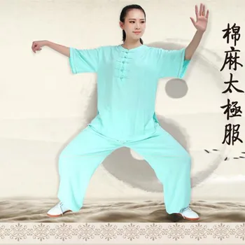 Sieviete Atdzist Vasaras Veļa Pusi Piedurknes Ķīna Drēbes Kung Fu Atbilstu Tai Chi Vienotu Rīta Vingrošanu Krekls Bikses